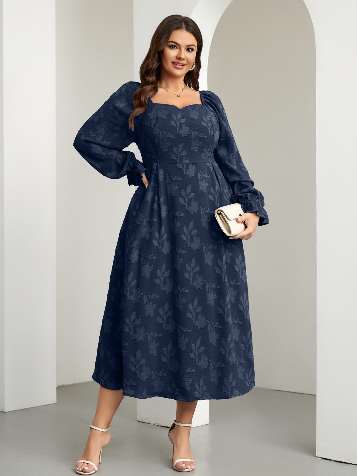 Plus Size Square-Neck Long-Sleeve Maxi Dress — Floral Navy Blue gallery image 2