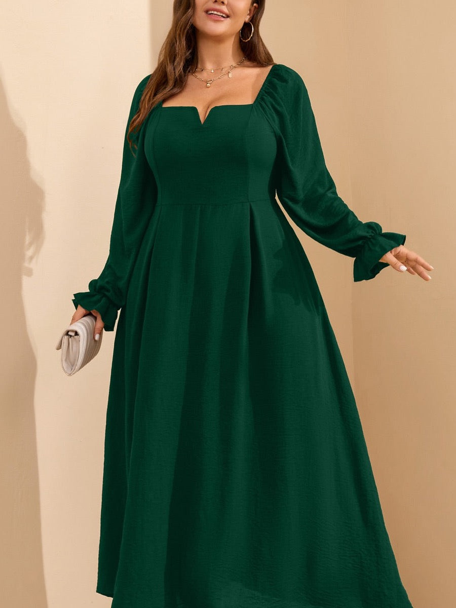 Plus Size Square-Neck Long-Sleeve Maxi Dress — green close-up detail