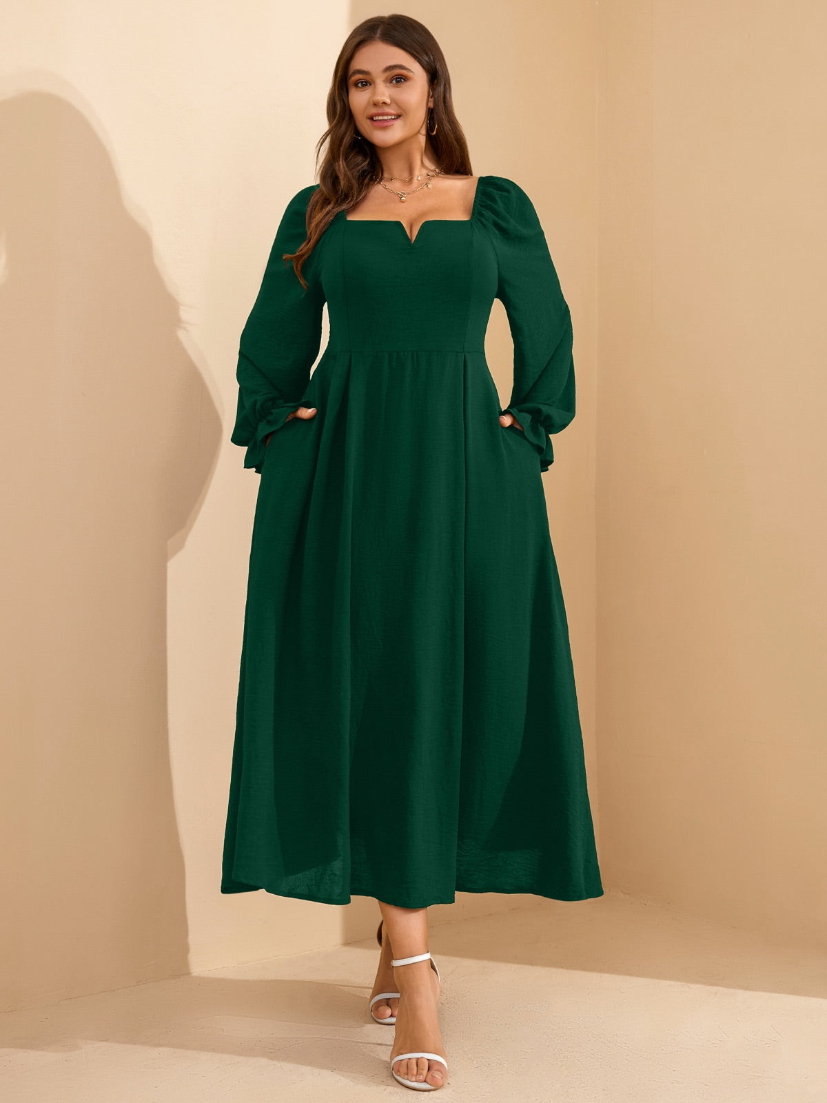 Plus Size Square-Neck Long-Sleeve Maxi Dress — Green gallery image 2
