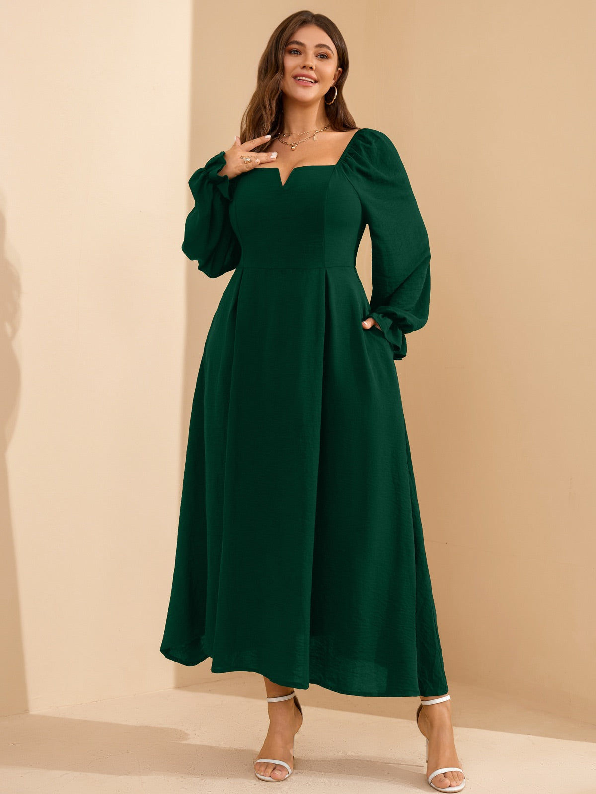 Plus Size Square-Neck Long-Sleeve Maxi Dress — Green gallery image 3