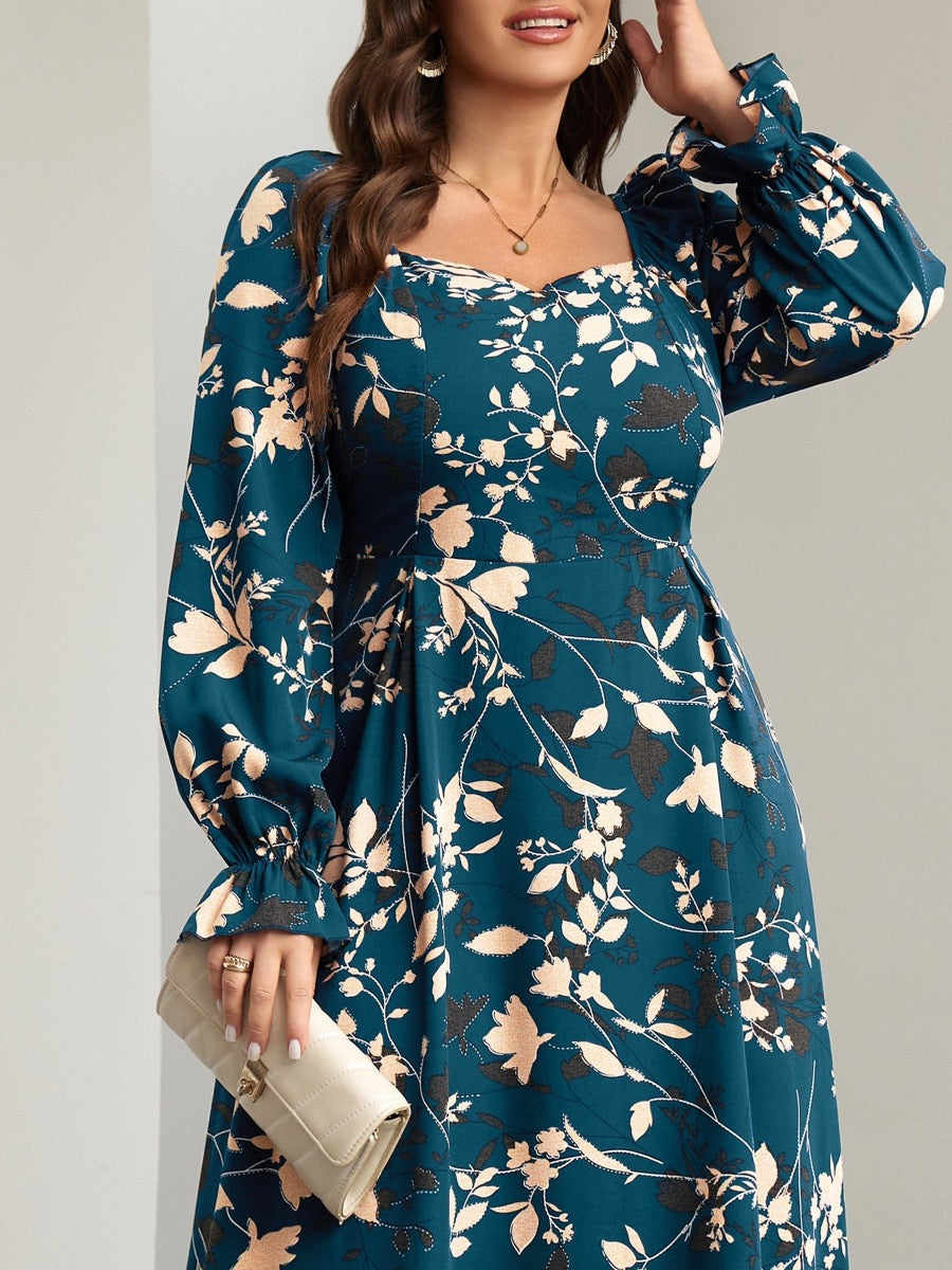 Plus Size Square-Neck Long-Sleeve Maxi Dress — Lake Blue Leaf close-up detail