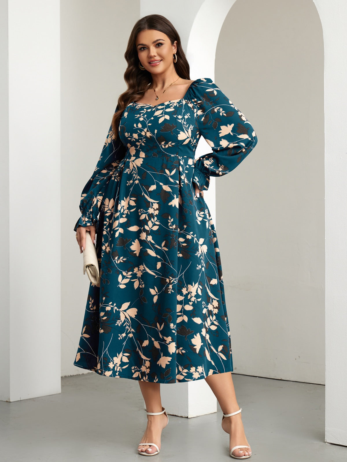 Plus Size Square-Neck Long-Sleeve Maxi Dress — Lake Blue Leaf gallery image 1