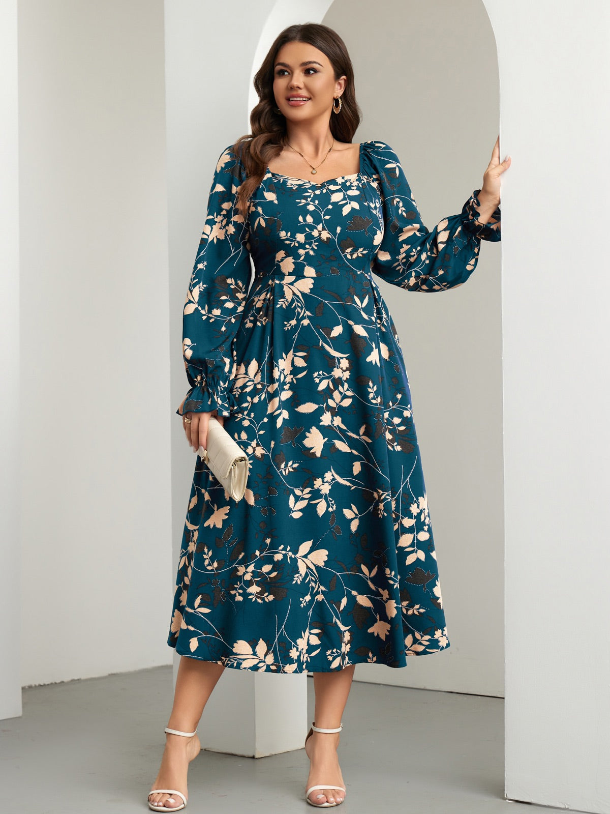 Plus Size Square-Neck Long-Sleeve Maxi Dress — Lake Blue Leaf gallery image 2