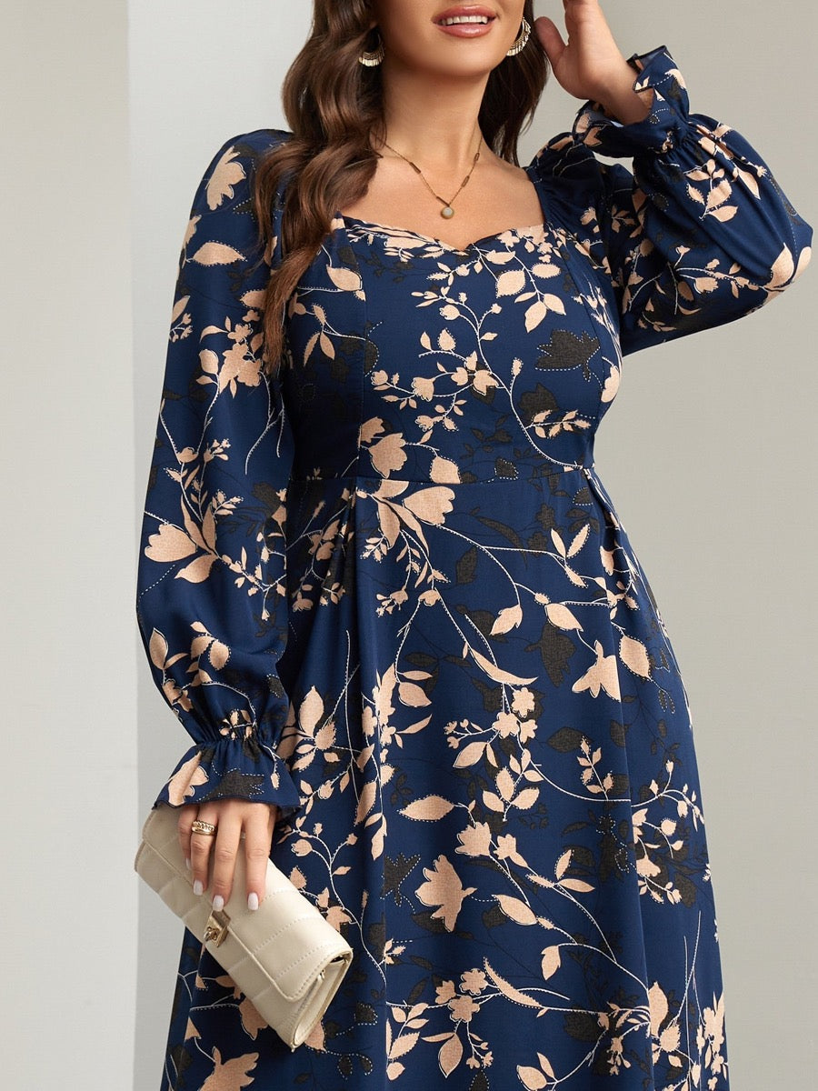 Plus Size Square-Neck Long-Sleeve Maxi Dress — Navy Leaf close-up detail
