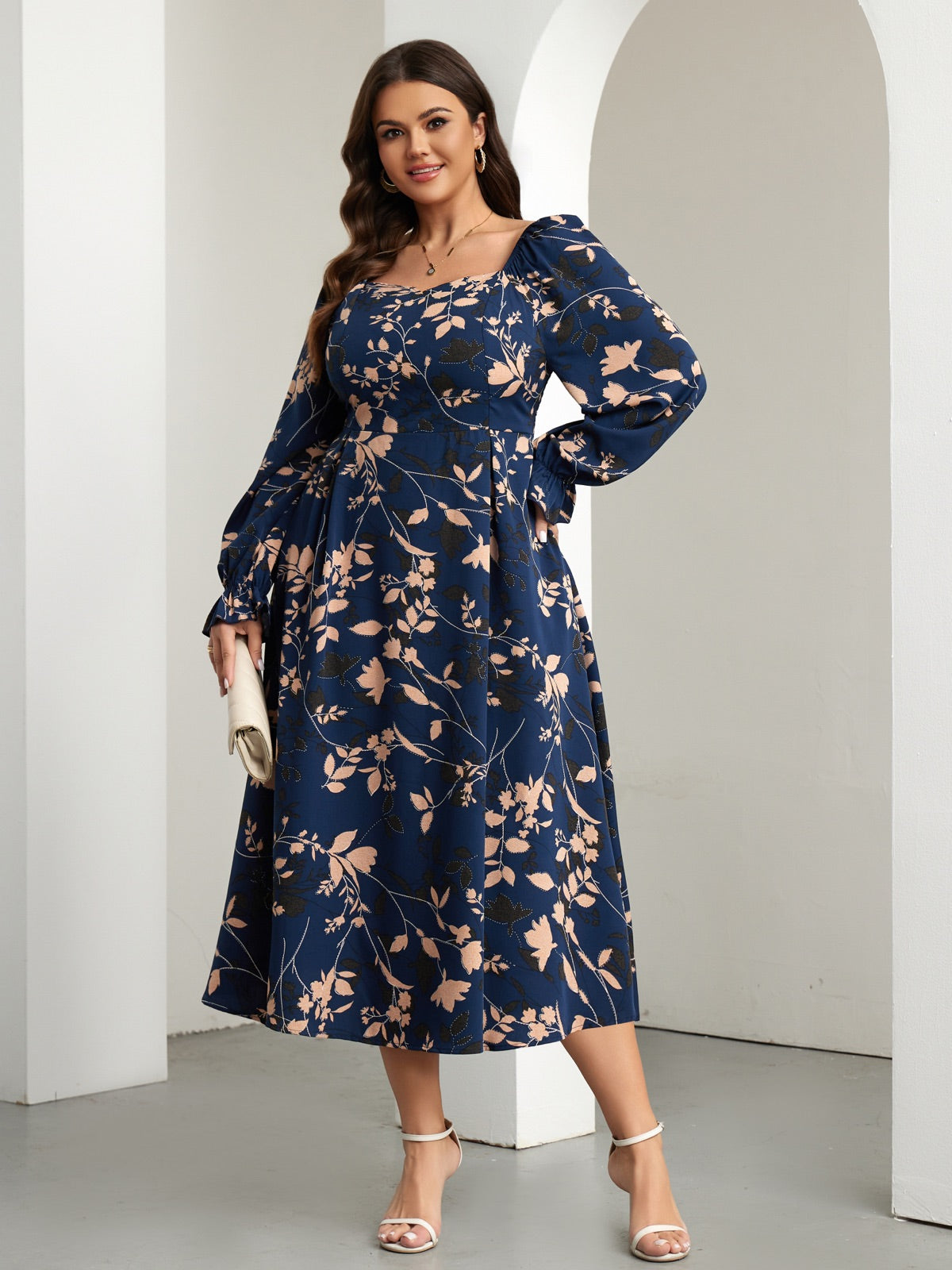 Plus Size Square-Neck Long-Sleeve Maxi Dress — Navy Leaf gallery image 1