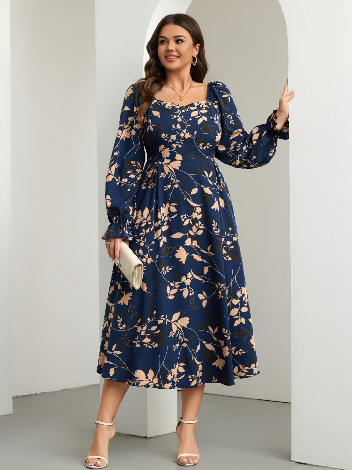 Plus Size Square-Neck Long-Sleeve Maxi Dress — Navy Leaf gallery image 2