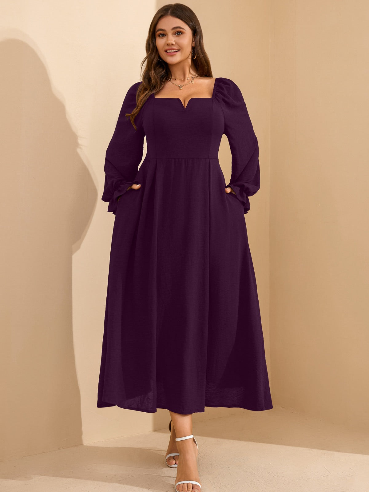Plus Size Square-Neck Long-Sleeve Maxi Dress — Purple gallery image 3
