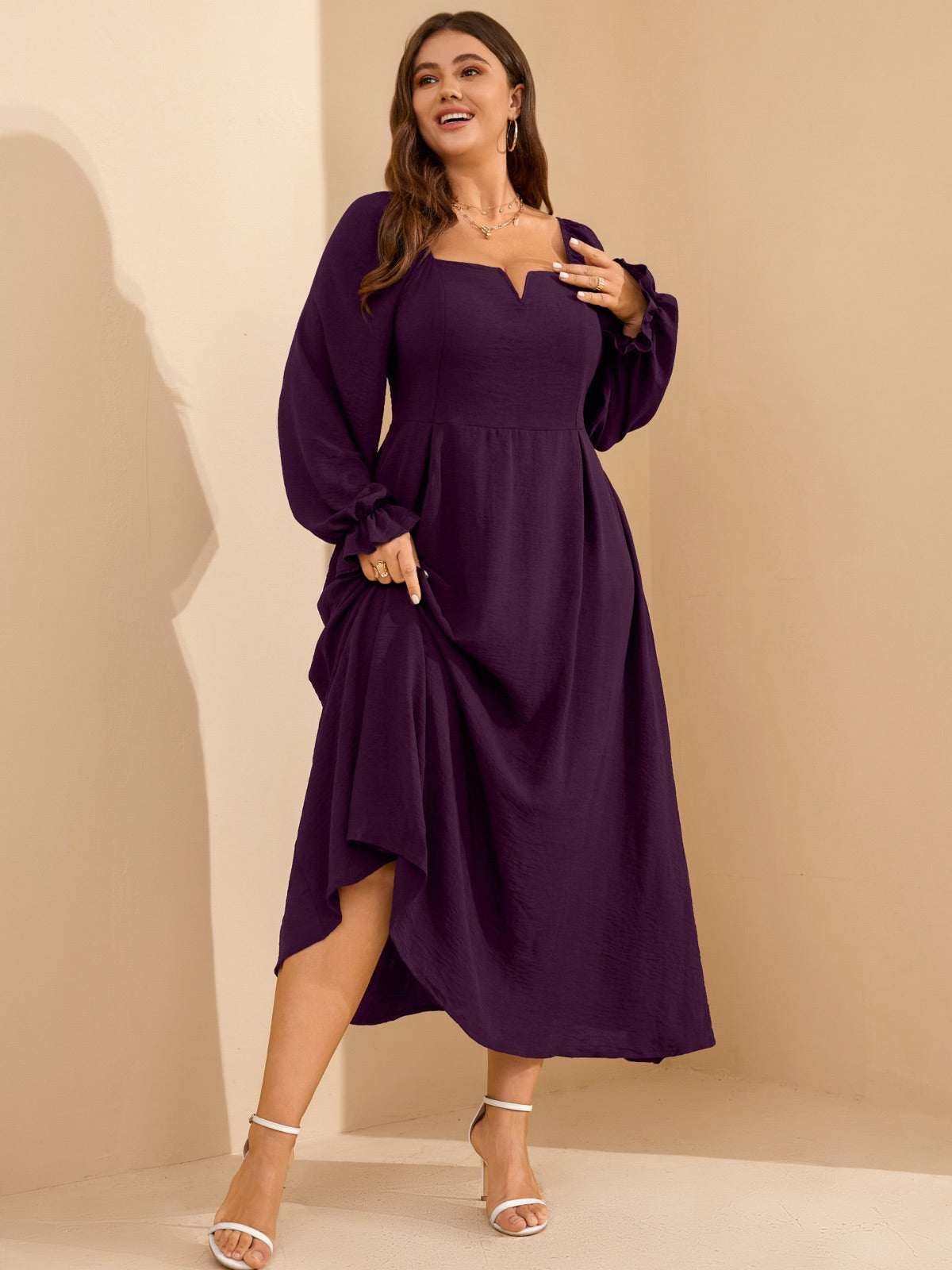 Plus Size Square-Neck Long-Sleeve Maxi Dress — Purple gallery image 2