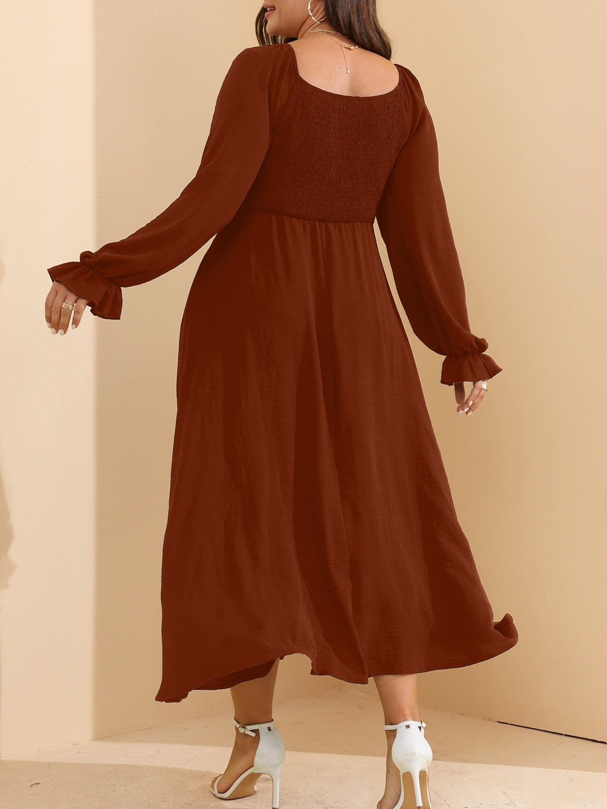 Plus Size Square-Neck Long-Sleeve Maxi Dress — Rust Brown gallery image 3