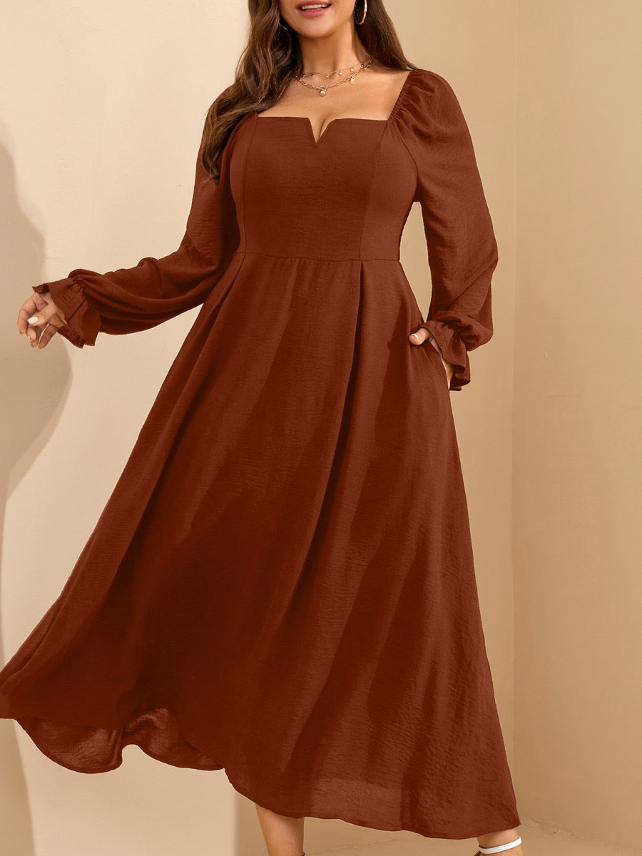 Plus Size Square-Neck Long-Sleeve Maxi Dress — rust brown close-up detail