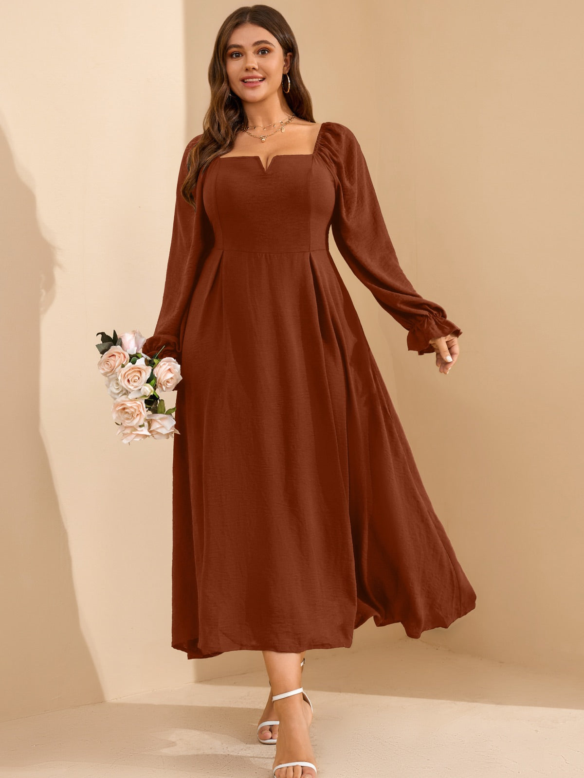 Plus Size Square-Neck Long-Sleeve Maxi Dress — Rust Brown gallery image 1