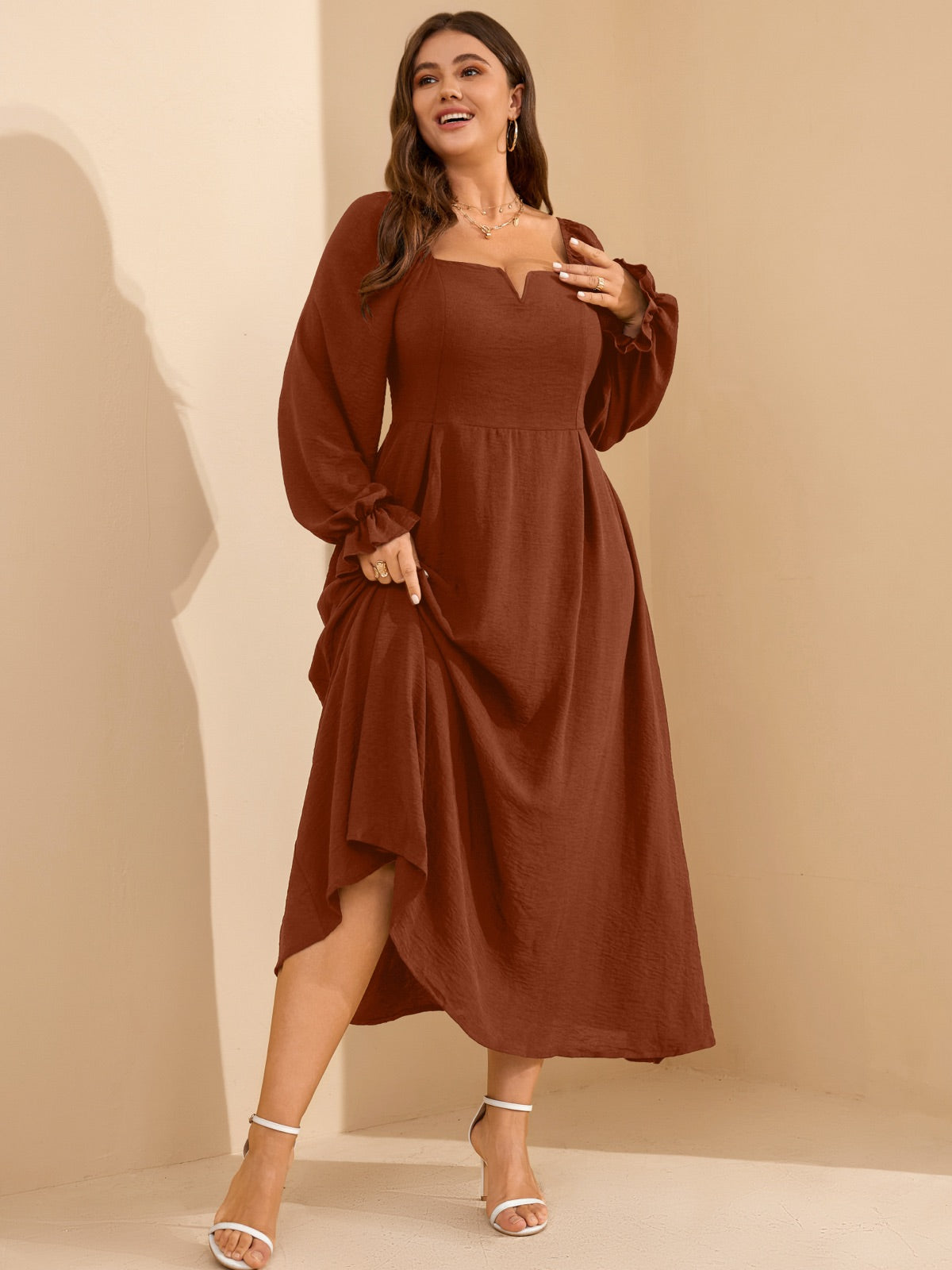 Plus Size Square-Neck Long-Sleeve Maxi Dress — Rust Brown gallery image 2