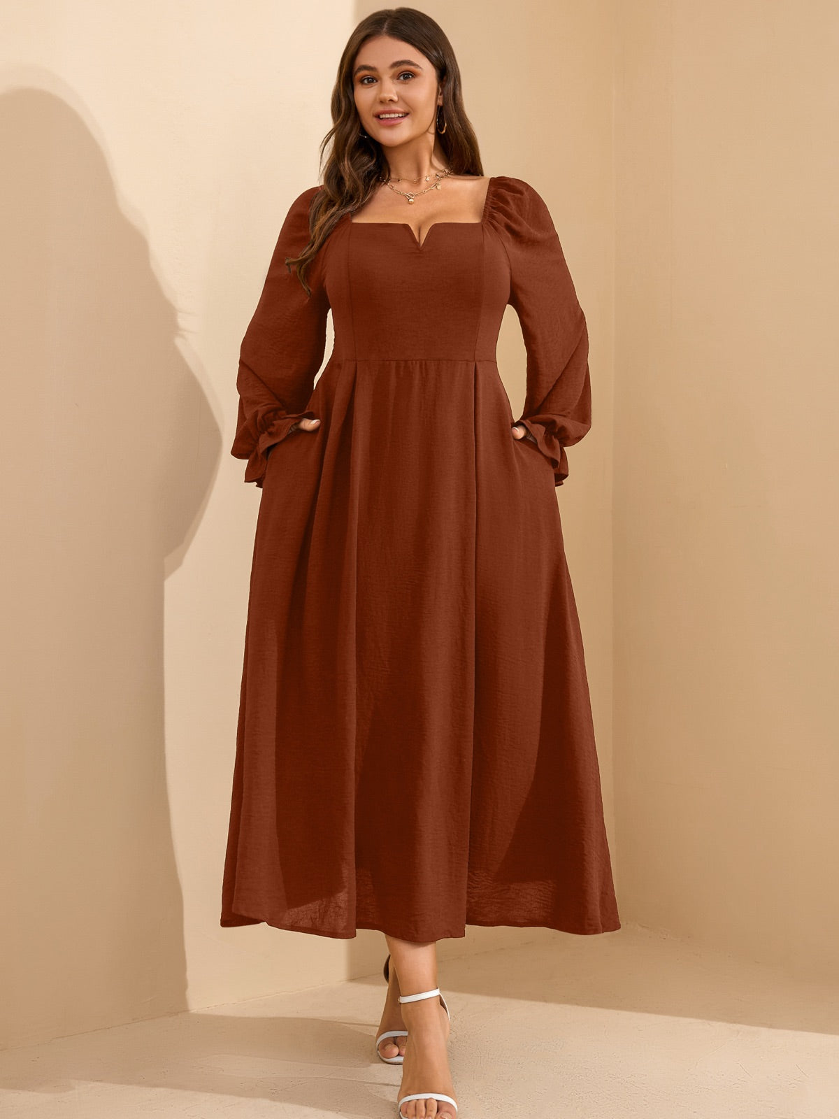 Plus Size Square-Neck Long-Sleeve Maxi Dress — Rust Brown gallery image 4