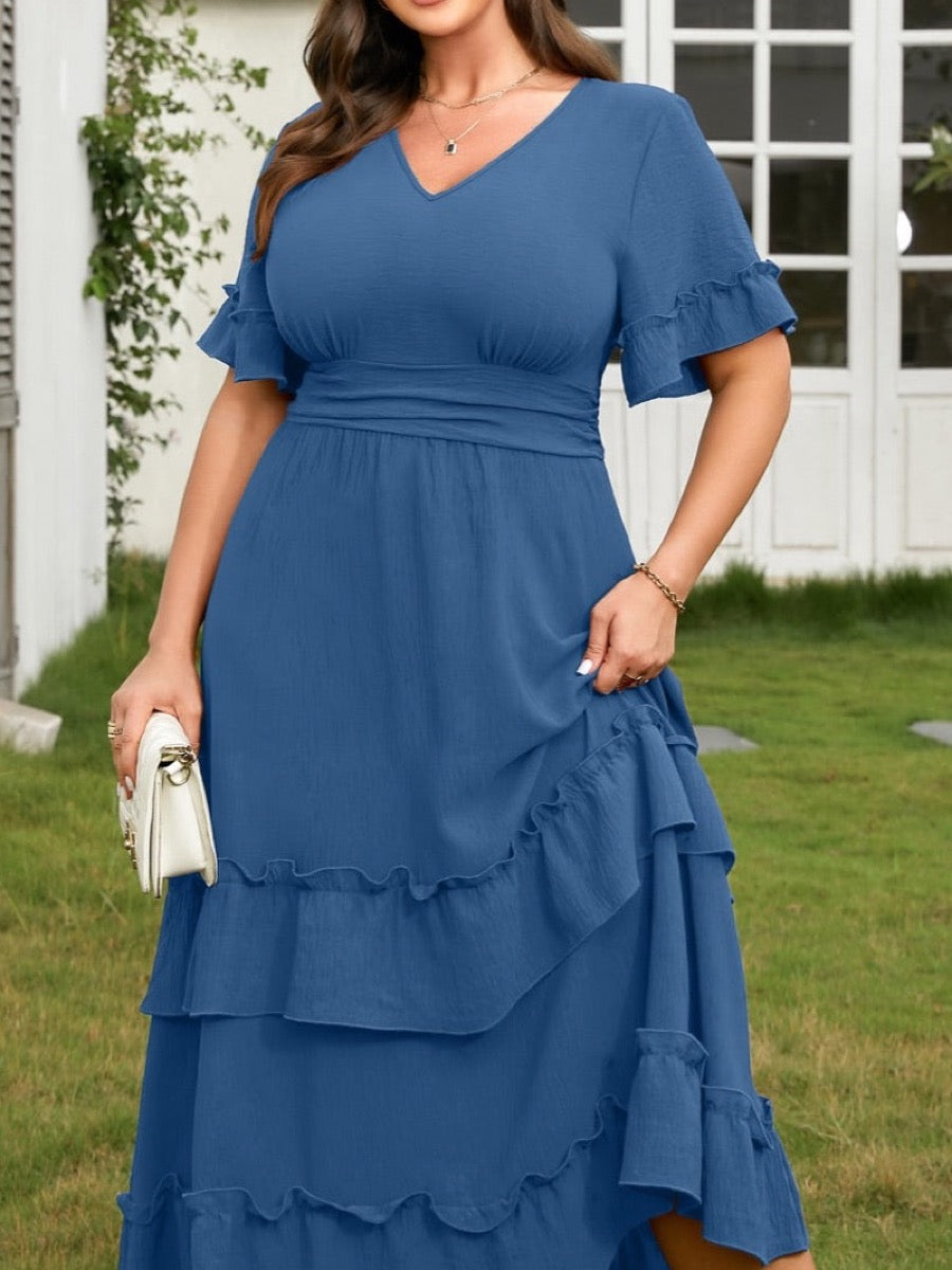 Plus Size Ruffle-Sleeve V-Neck Tiered Maxi Dress — Dusty Blue close-up detail