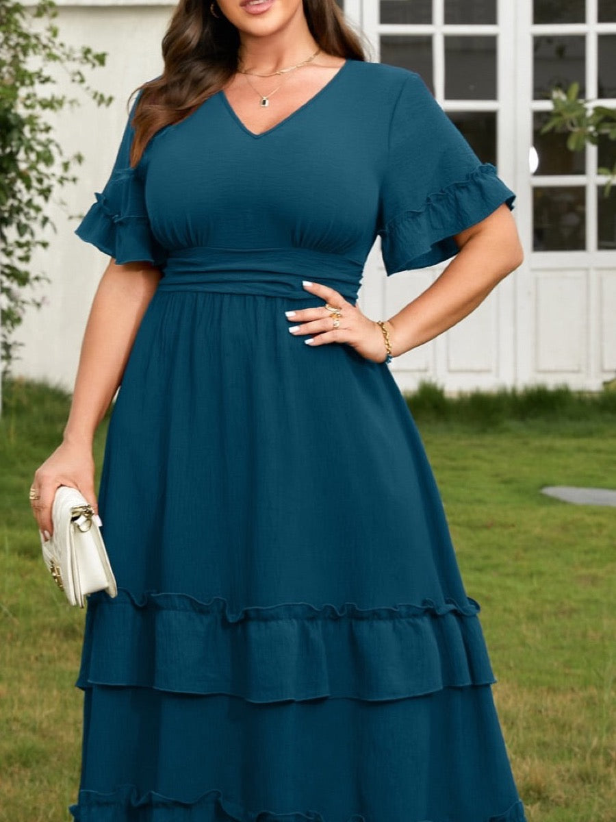 Plus Size Ruffle-Sleeve V-Neck Tiered Maxi Dress — Lake Blue close-up detail