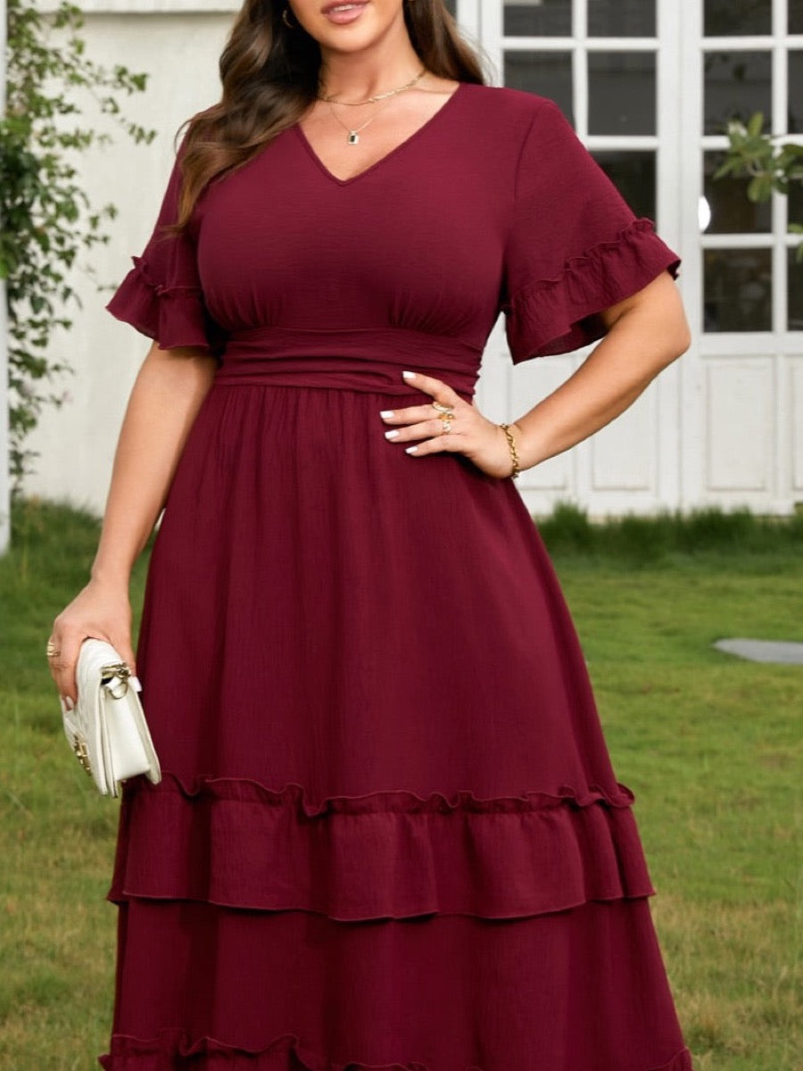 Plus Size Ruffle-Sleeve V-Neck Tiered Maxi Dress — Red close-up detail