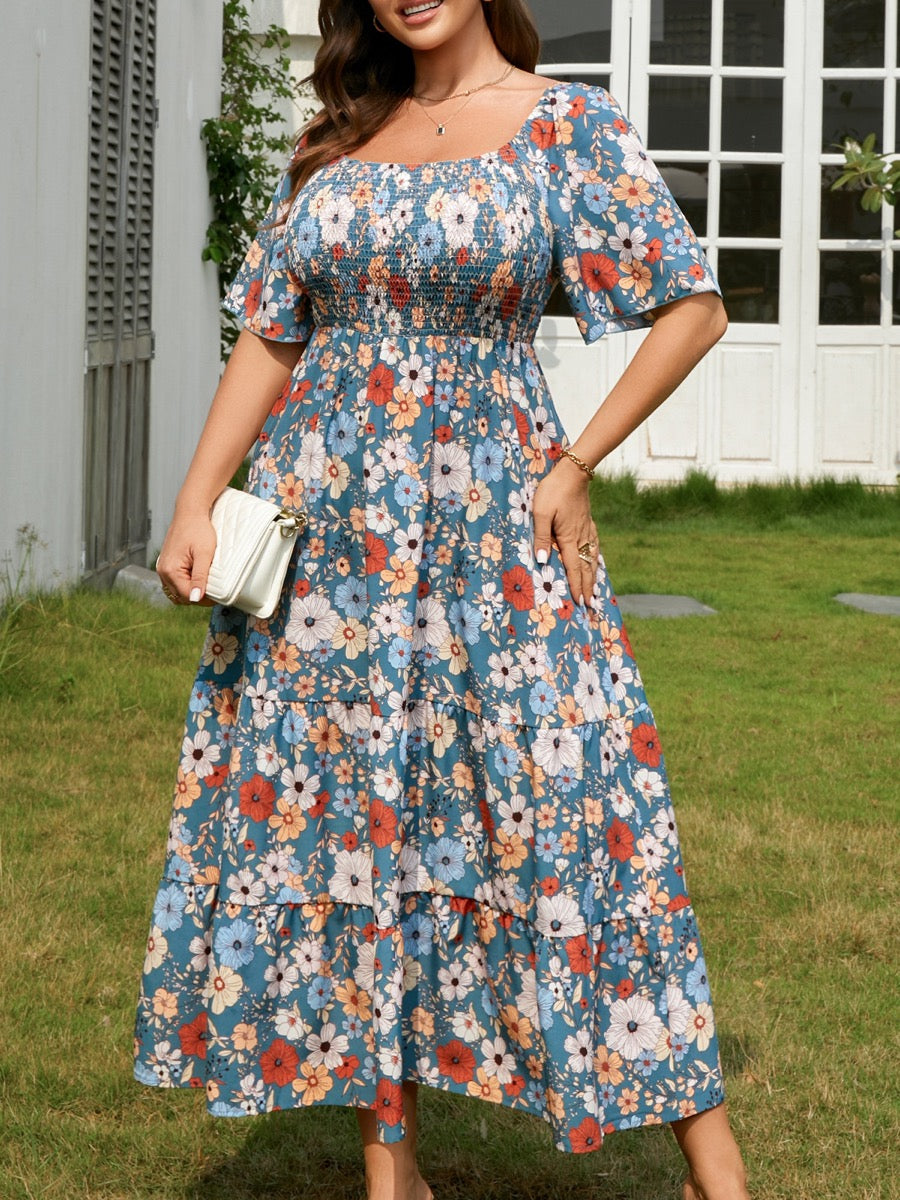 Plus Size Square-Neck Flutter-Sleeve Maxi Dress — Blue Floral close-up detail