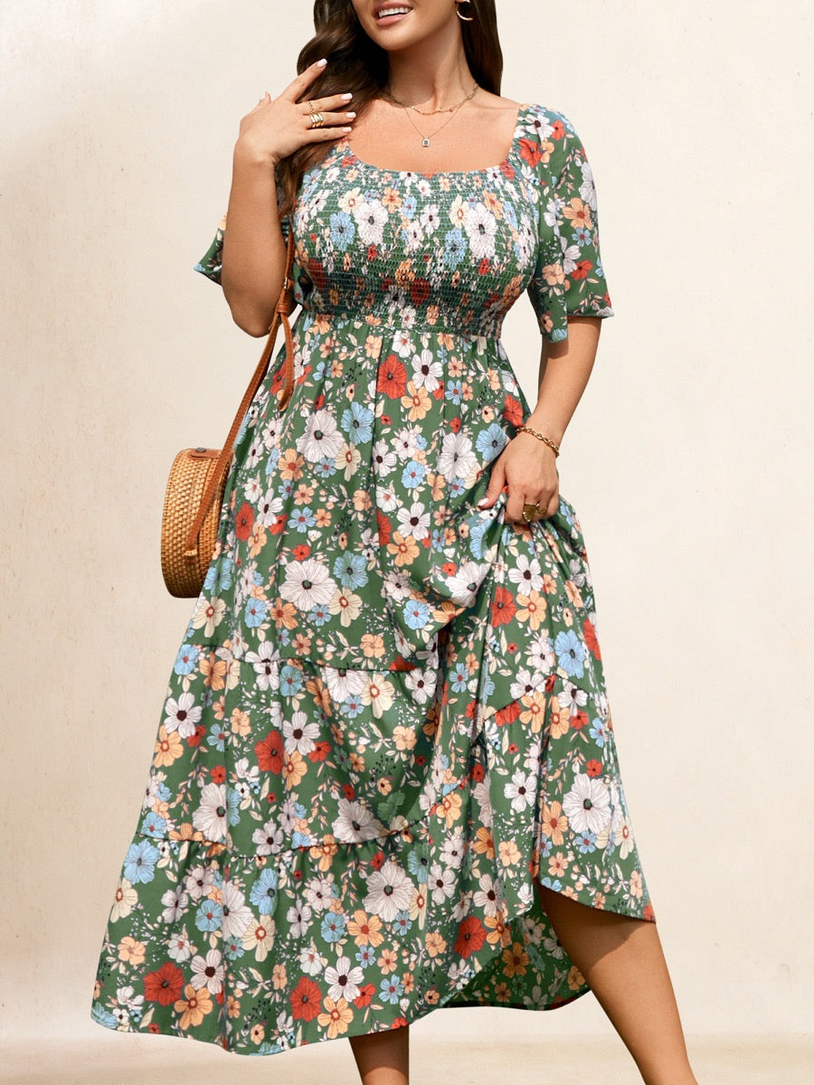 Plus Size Square-Neck Flutter-Sleeve Maxi Dress — Green Floral close-up detail
