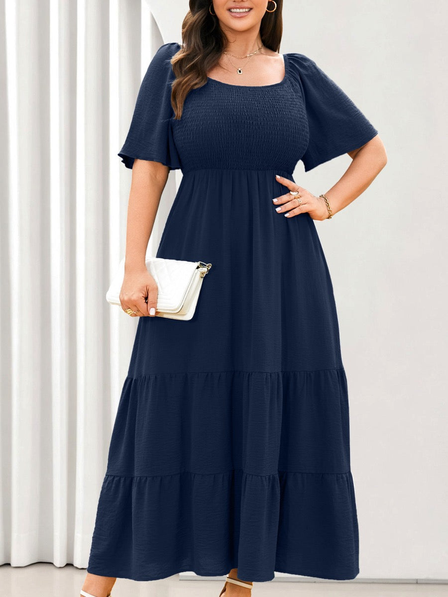 Plus Size Square-Neck Flutter-Sleeve Maxi Dress — Navy Blue close-up detail