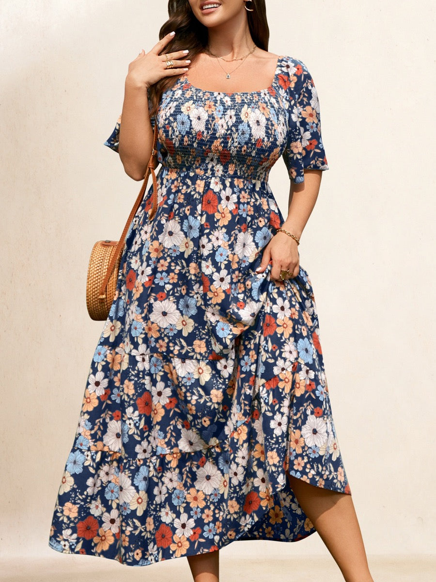 Plus Size Square-Neck Flutter-Sleeve Maxi Dress — Navy Blue Floral close-up detail