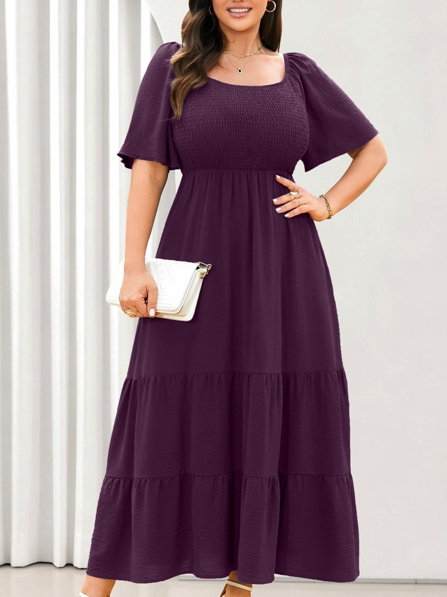 Plus Size Square-Neck Flutter-Sleeve Maxi Dress — Purple close-up detail