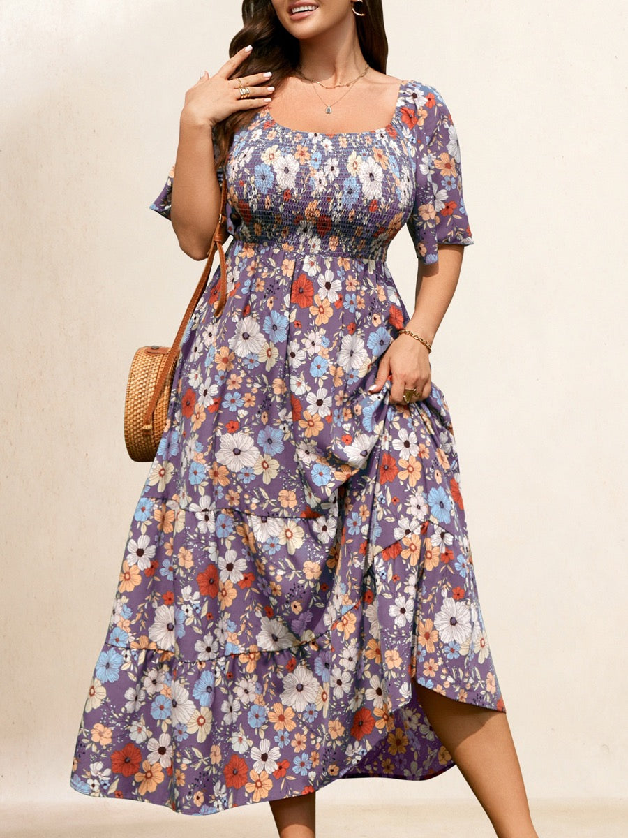 Plus Size Square-Neck Flutter-Sleeve Maxi Dress — Purple Floral close-up detail