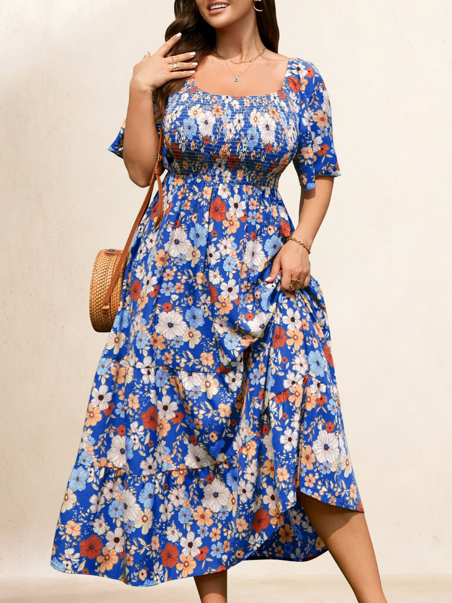 Plus Size Square-Neck Flutter-Sleeve Maxi Dress — Royal Blue Floral close-up detail