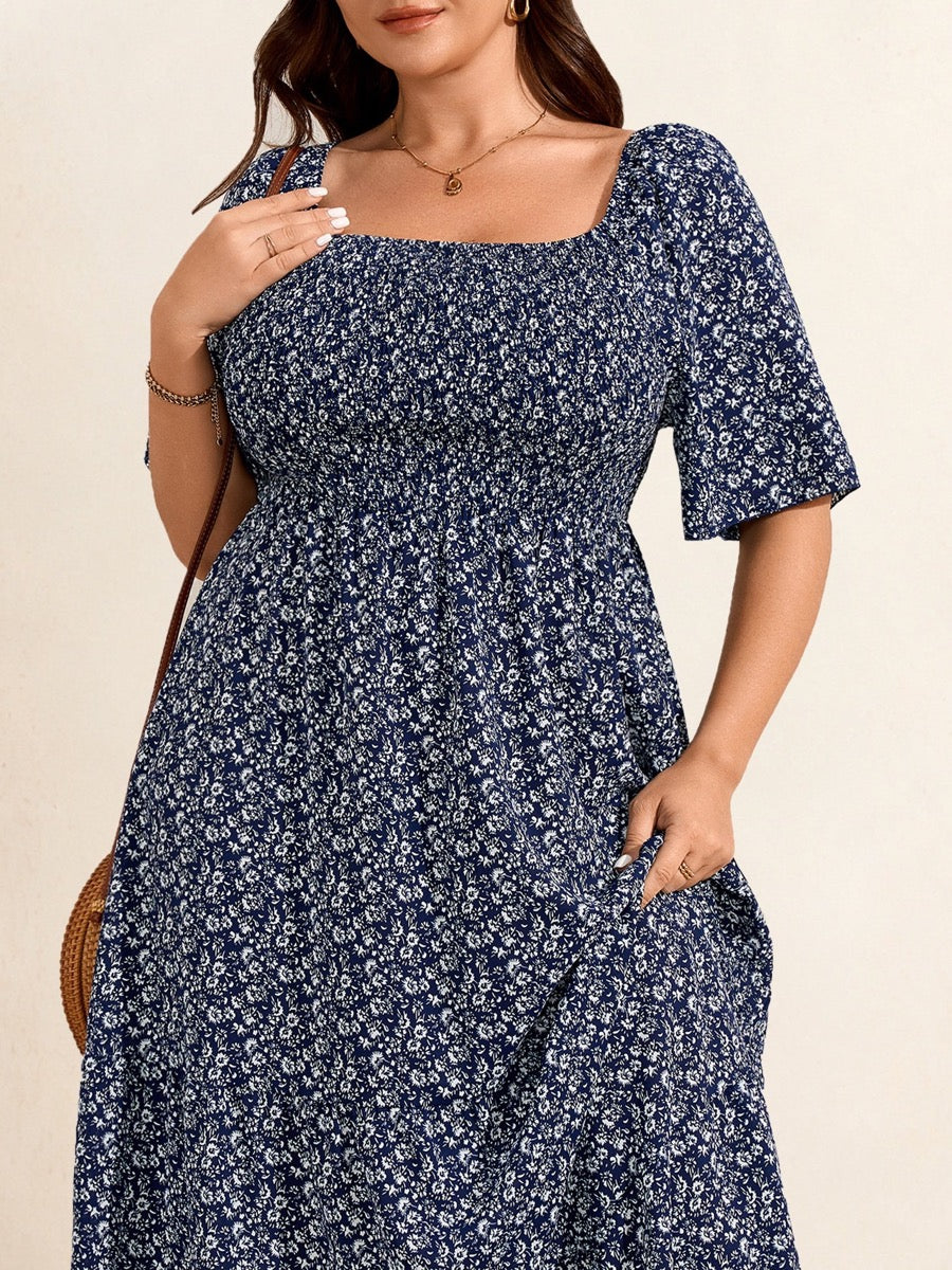 Plus Size Square-Neck Flutter-Sleeve Maxi Dress — Dark Blue Floral close-up detail