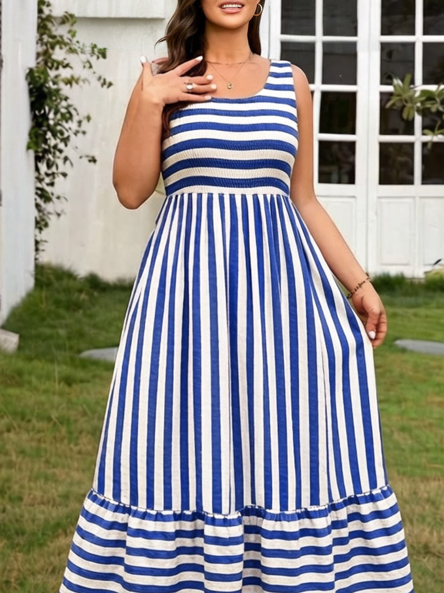 Plus Size Striped Smocked-Bodice Maxi Dress — Blue close-up detail