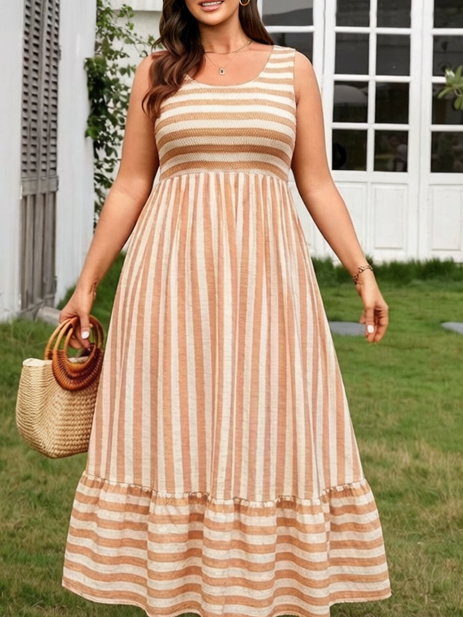Plus Size Striped Smocked-Bodice Maxi Dress — Khaki close-up detail