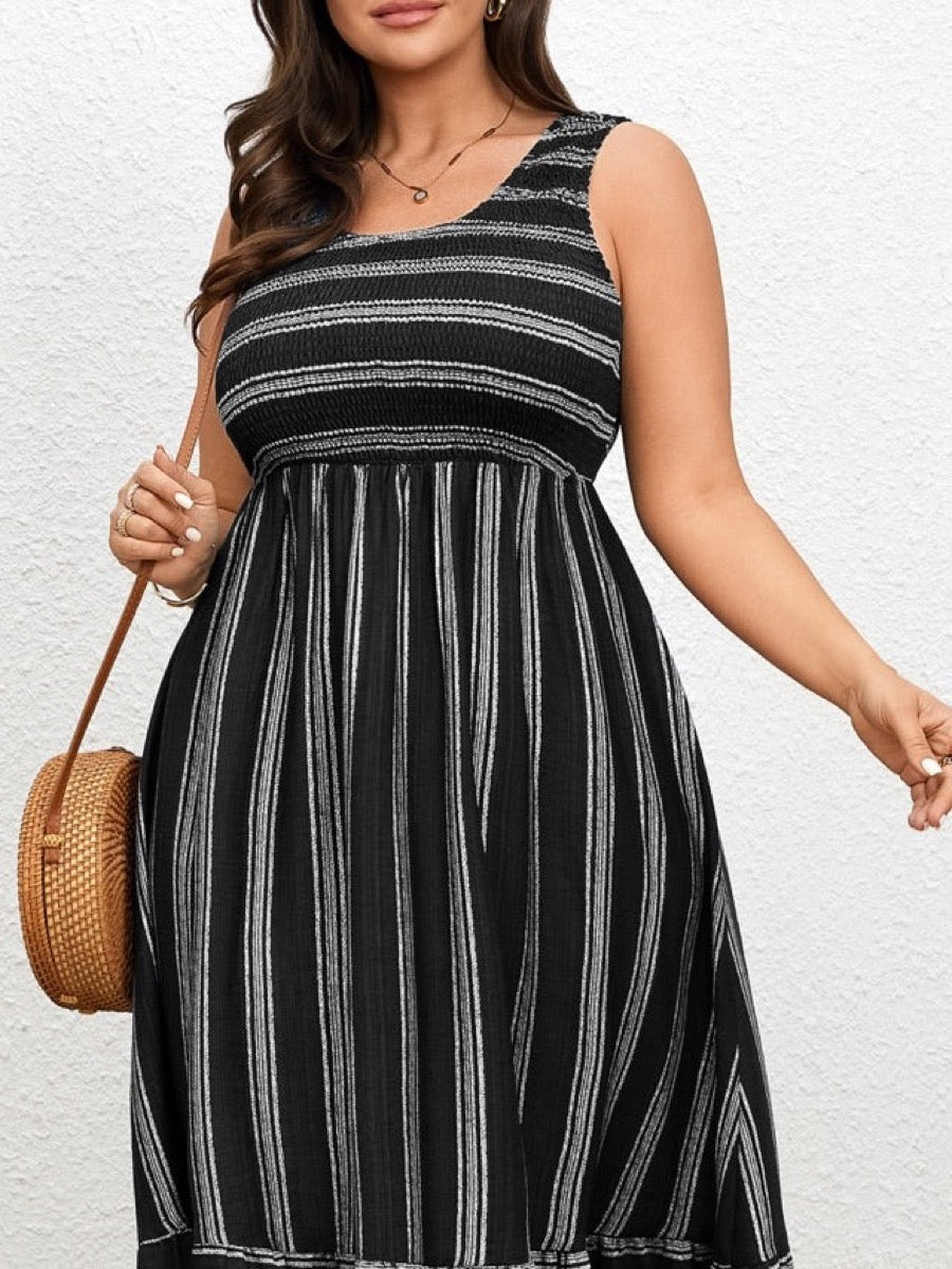 Plus Size Striped Smocked-Bodice Maxi Dress — Black close-up detail