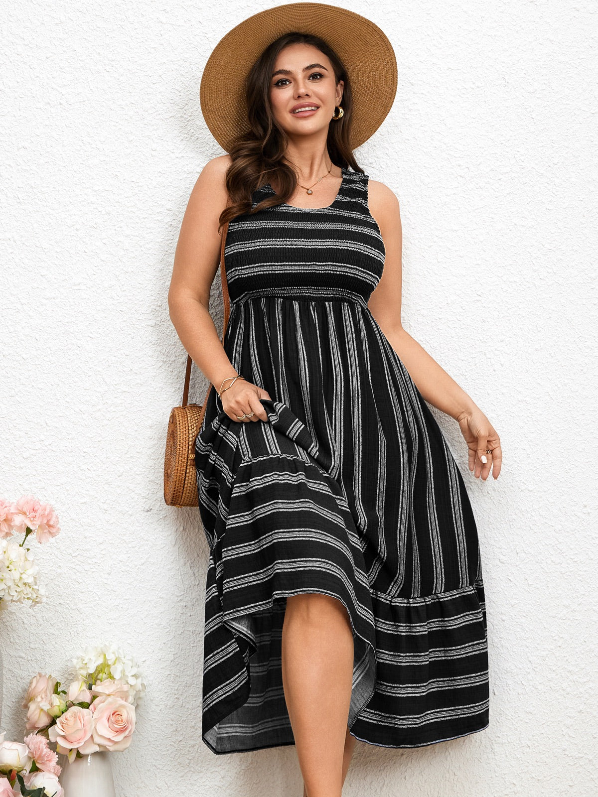 Plus Size Striped Smocked-Bodice Maxi Dress — Black gallery image 3