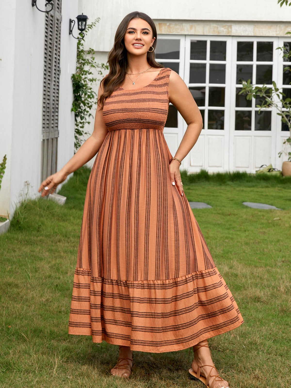 Plus Size Striped Smocked-Bodice Maxi Dress — Burnt Orange gallery image 3