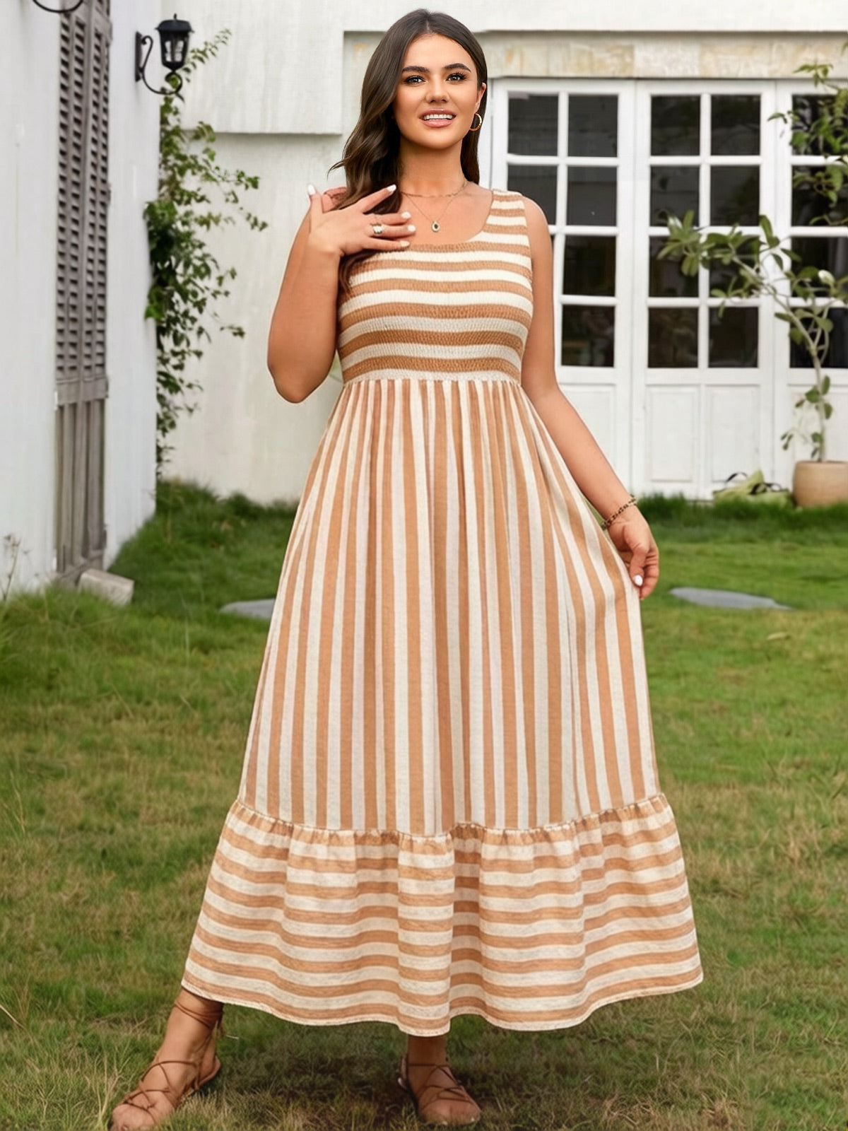 Plus Size Striped Smocked-Bodice Maxi Dress — Khaki gallery image 1