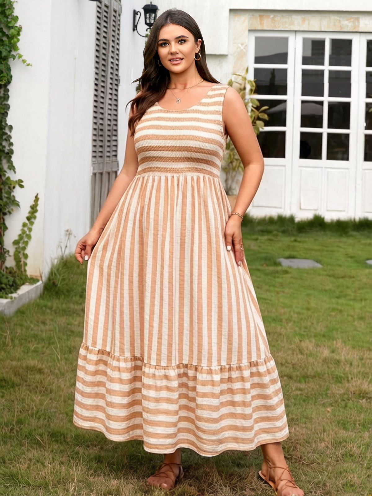 Plus Size Striped Smocked-Bodice Maxi Dress — Khaki gallery image 4