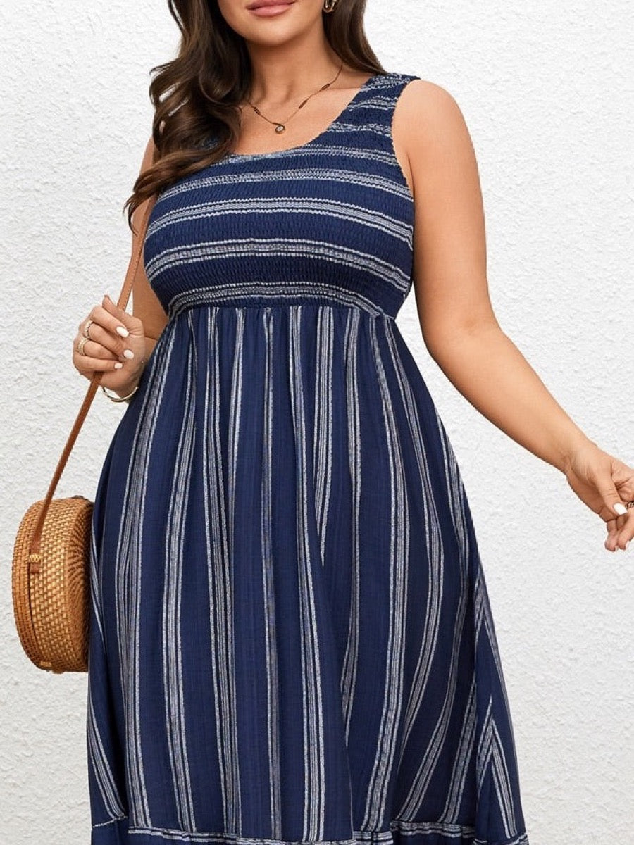 Plus Size Striped Smocked-Bodice Maxi Dress — Navy Blue close-up detail