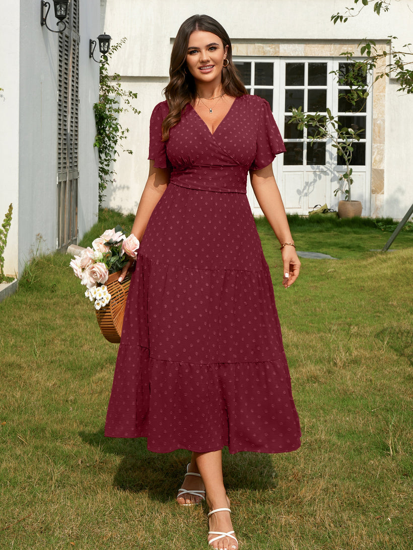 Plus Size Swiss-Dot V-Neck Maxi Dress — Burgundy