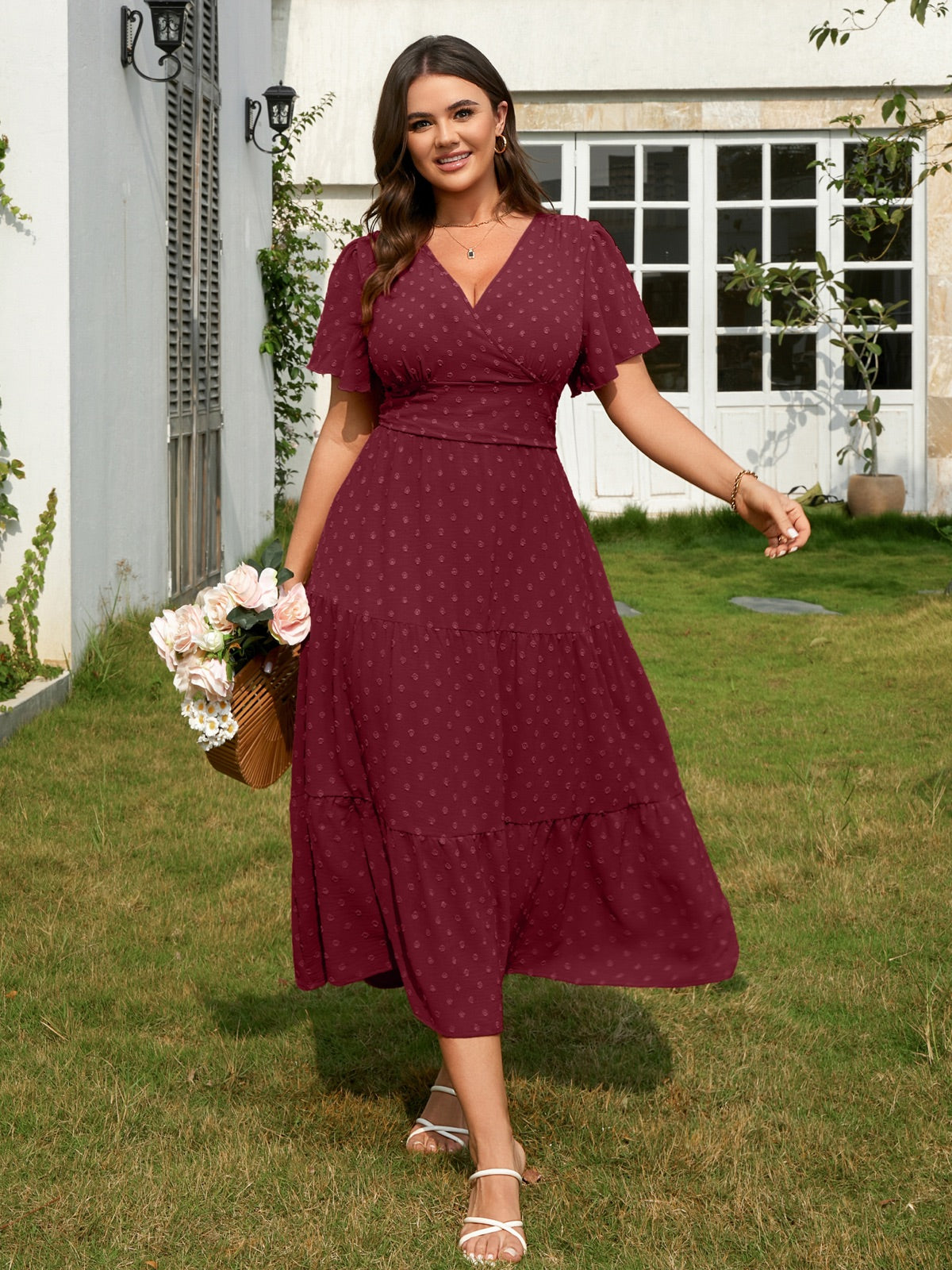 Plus Size Swiss-Dot V-Neck Maxi Dress — Burgundy gallery image 3