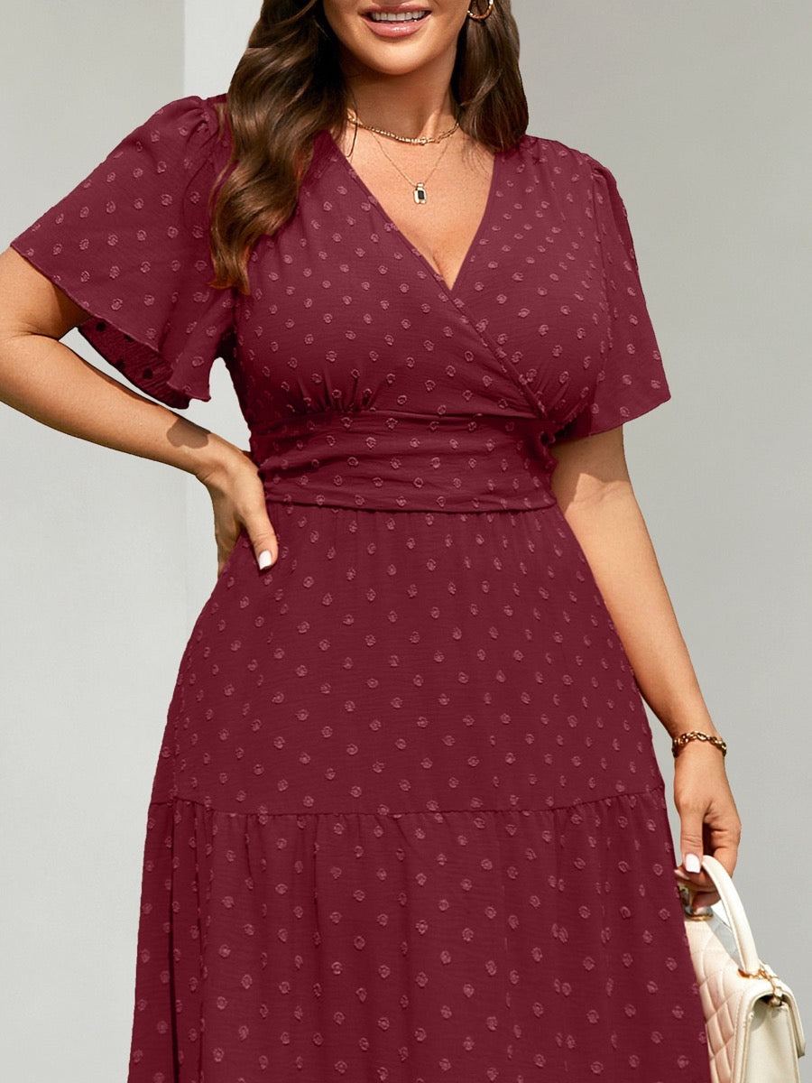 Plus Size Swiss-Dot V-Neck Maxi Dress — Burgundy close-up detail