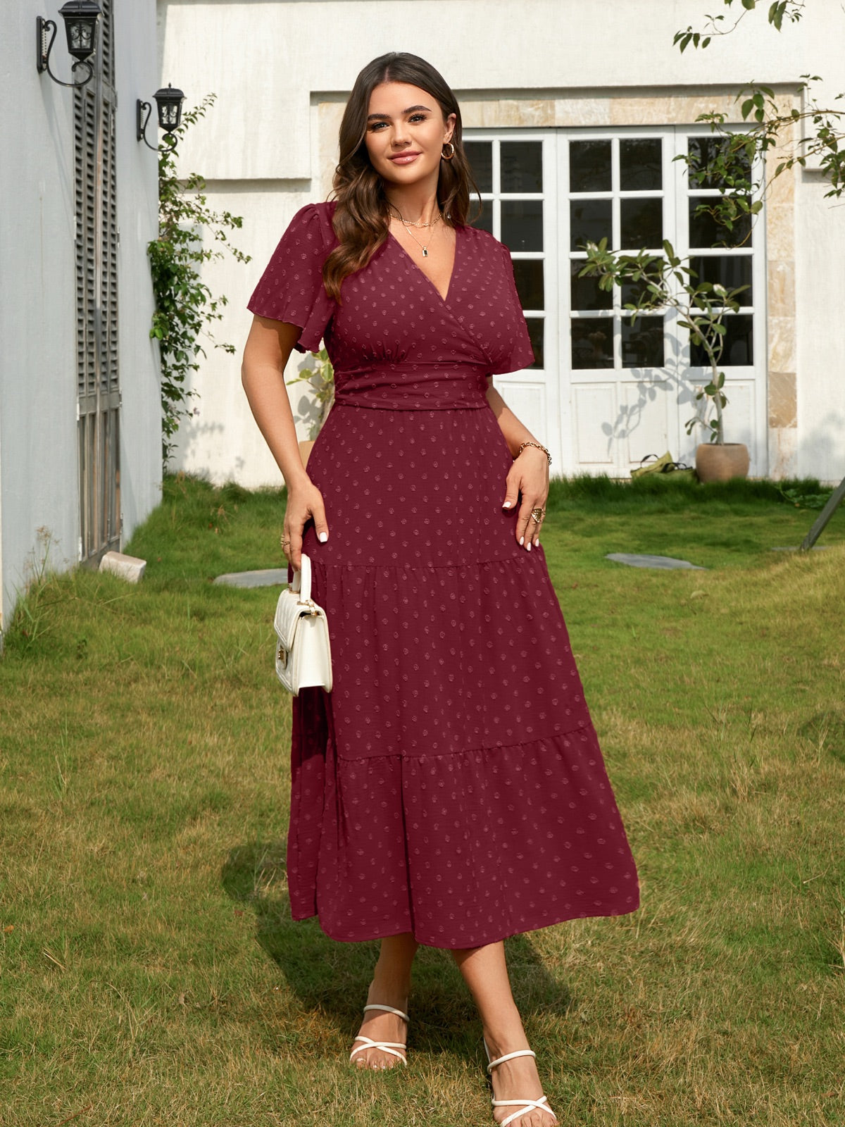 Plus Size Swiss-Dot V-Neck Maxi Dress — Burgundy gallery image 2