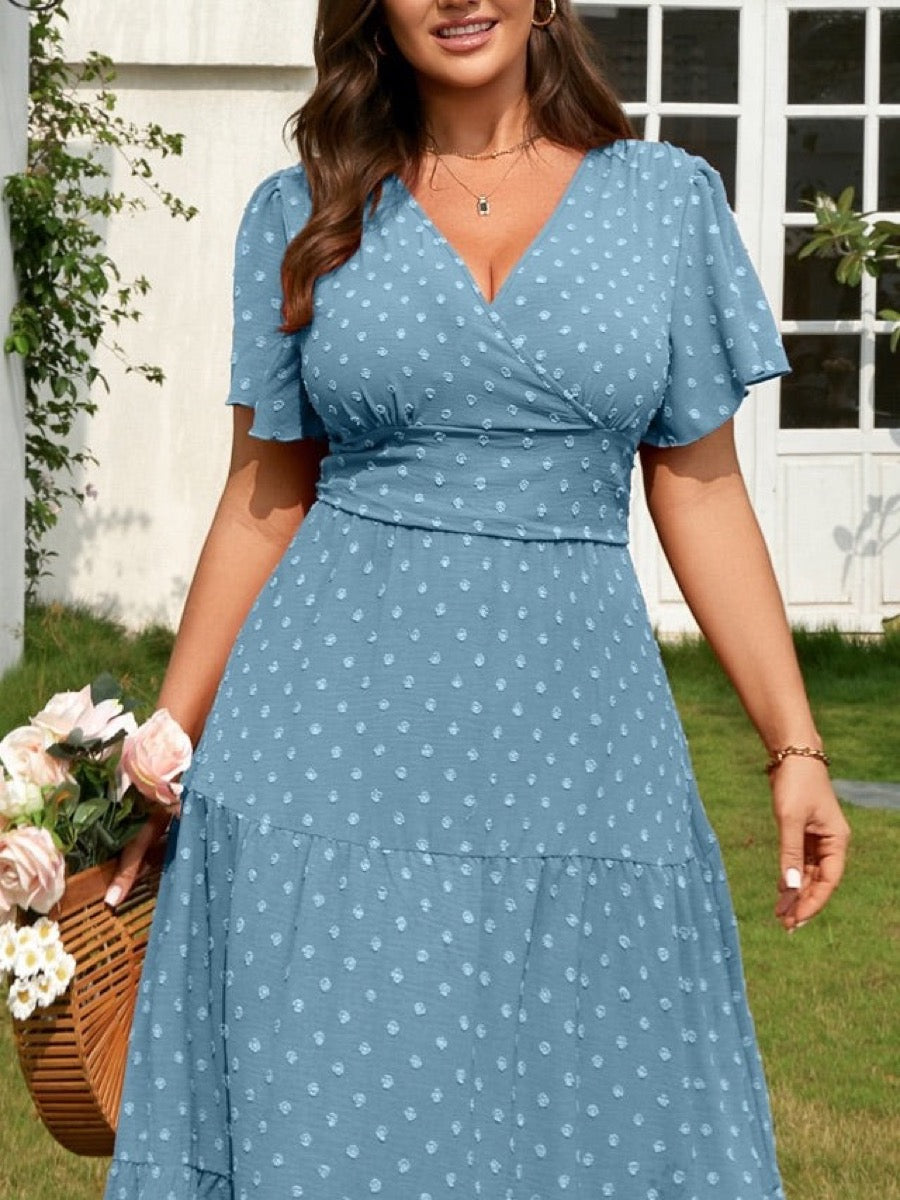 Plus Size Swiss-Dot V-Neck Maxi Dress — Light Blue close-up detail