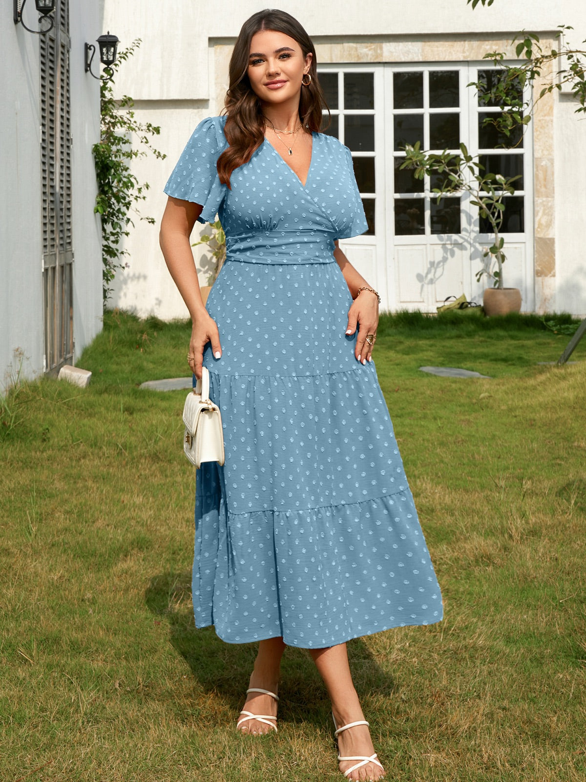 Plus Size Swiss-Dot V-Neck Maxi Dress — Light Blue gallery image 2