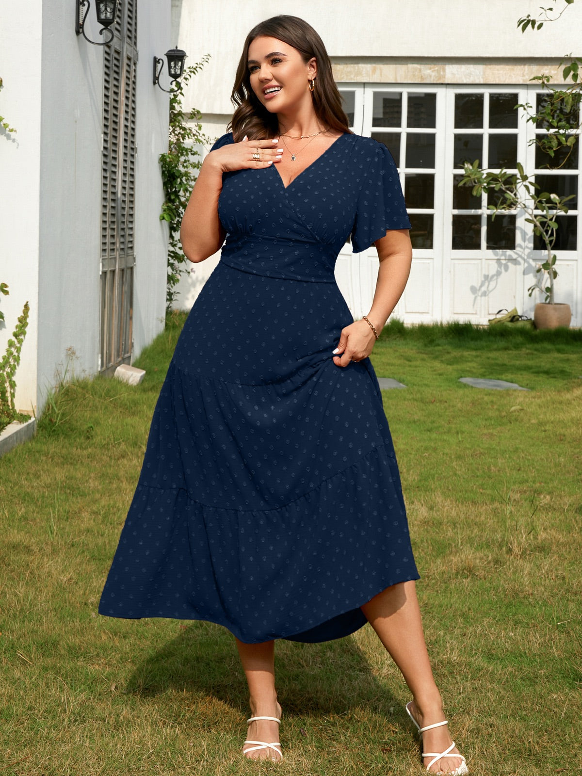 Plus Size Swiss-Dot V-Neck Maxi Dress — Navy Blue gallery image 3