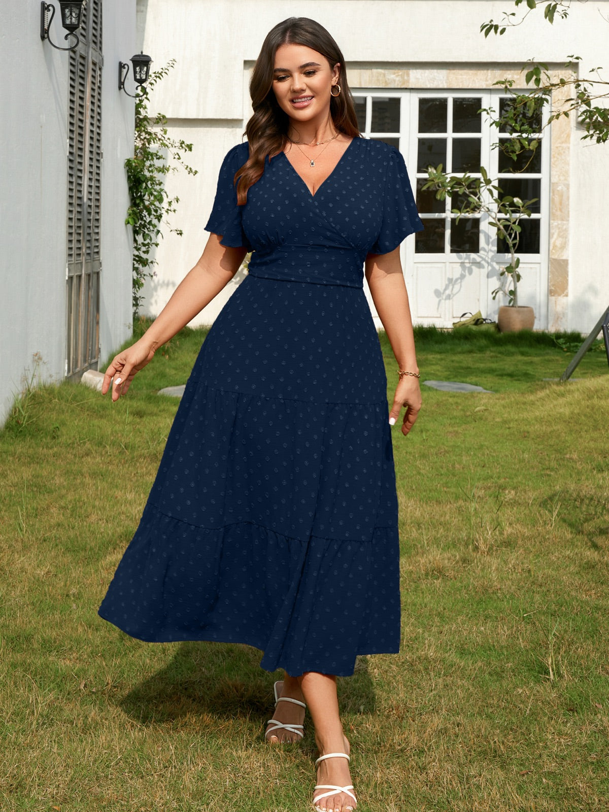 Plus Size Swiss-Dot V-Neck Maxi Dress — Navy Blue gallery image 2