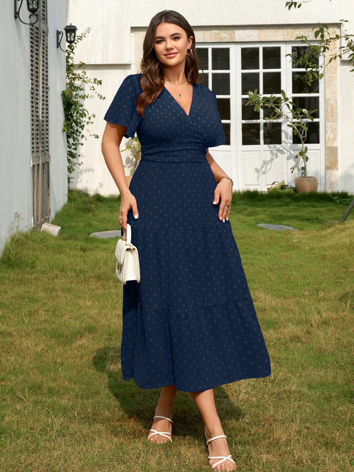 Plus Size Swiss-Dot V-Neck Maxi Dress — Navy Blue gallery image 3