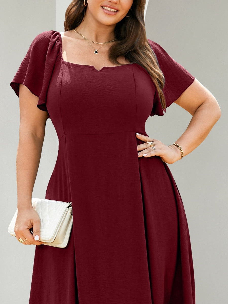 Plus Size Square-Neck Flutter-Sleeve Midi Dress — Burgundy close-up detail