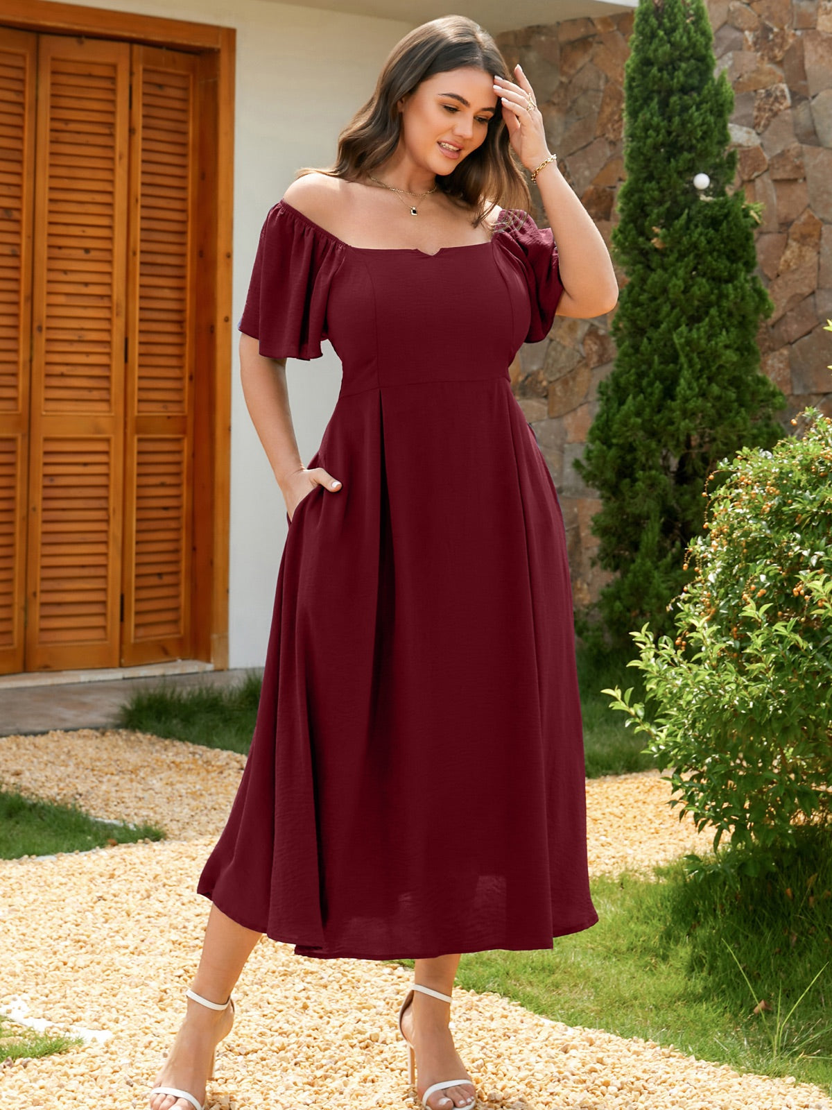 Plus Size Square-Neck Flutter-Sleeve Midi Dress — Burgundy gallery image 1