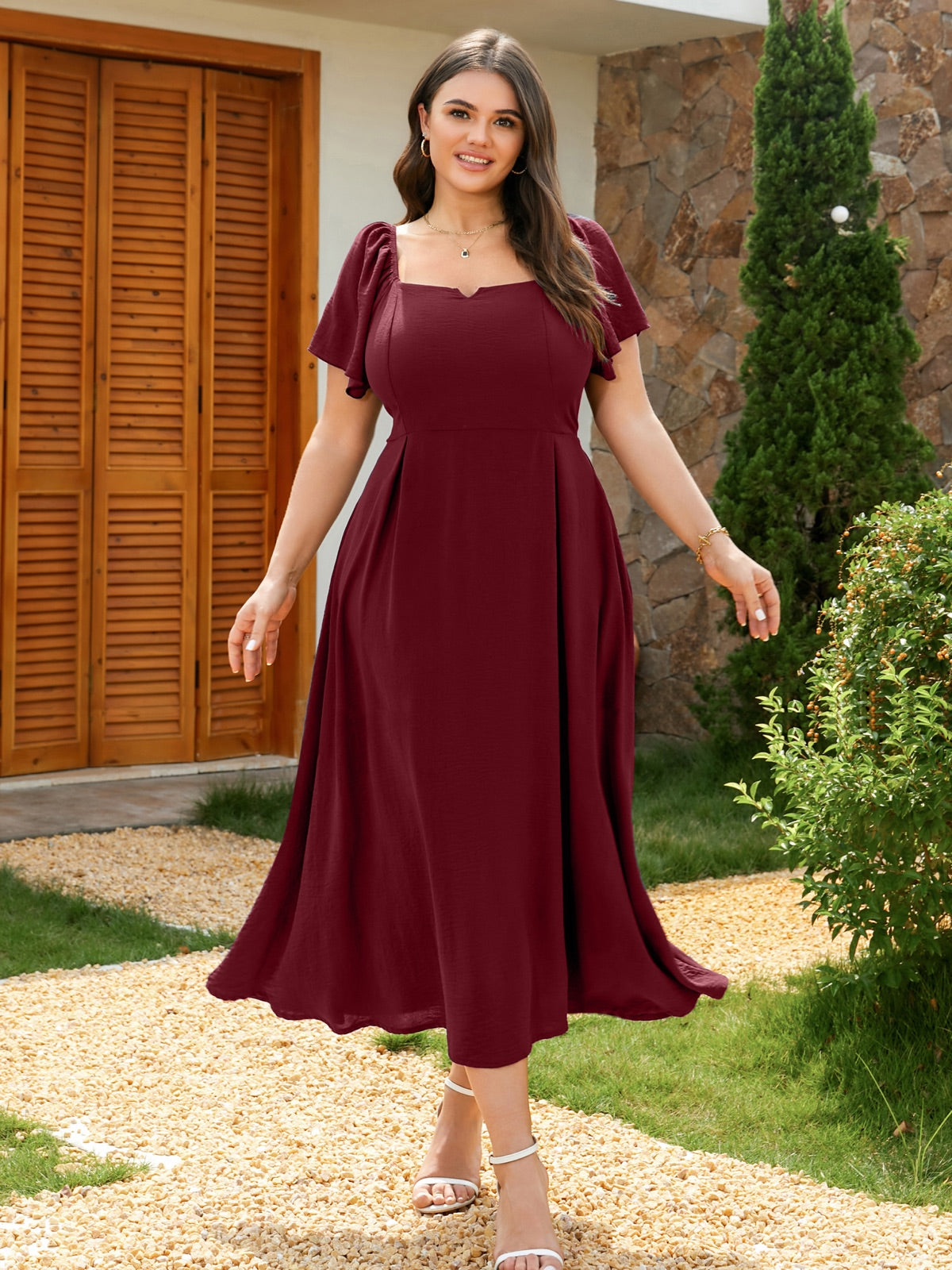 Plus Size Square-Neck Flutter-Sleeve Midi Dress — Burgundy gallery image 2