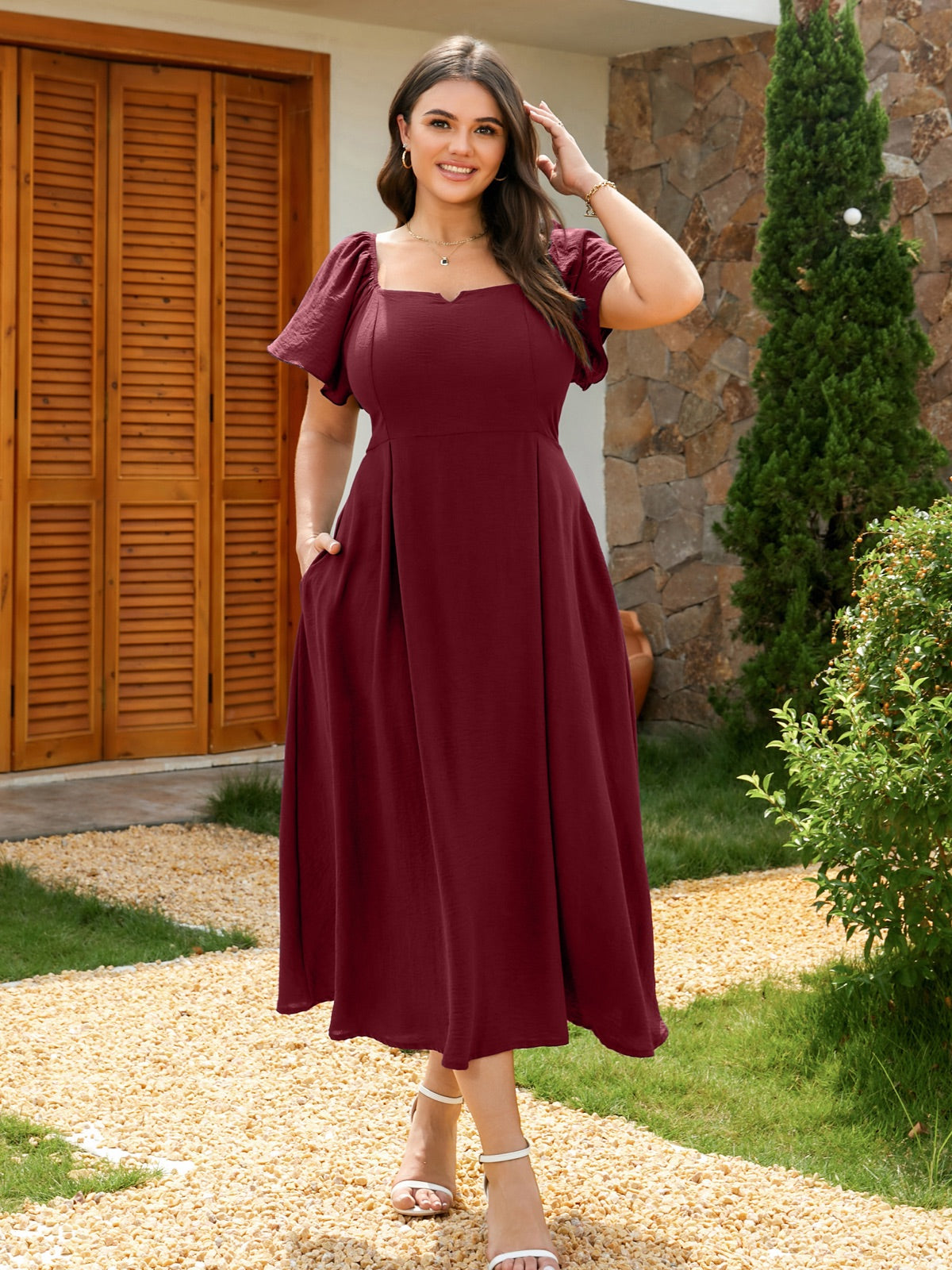 Plus Size Square-Neck Flutter-Sleeve Midi Dress — Burgundy gallery image 4