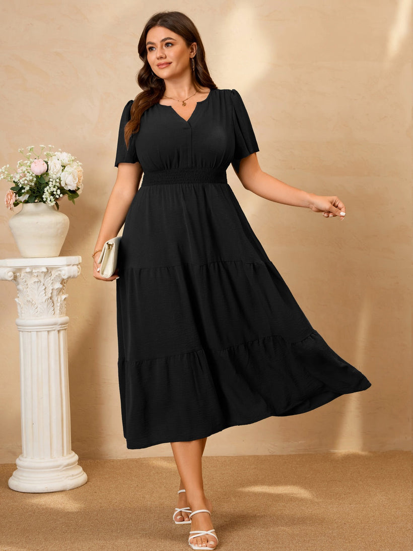 Plus Size Puff-Sleeve Tiered Midi Dress — Black